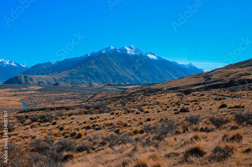 Mount Sunday landscape, scenic view of Mount Sunday and surroundings in Ashburton Lakes District, South Island, New Zealand