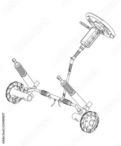 3d model of steering column and car suspension on white