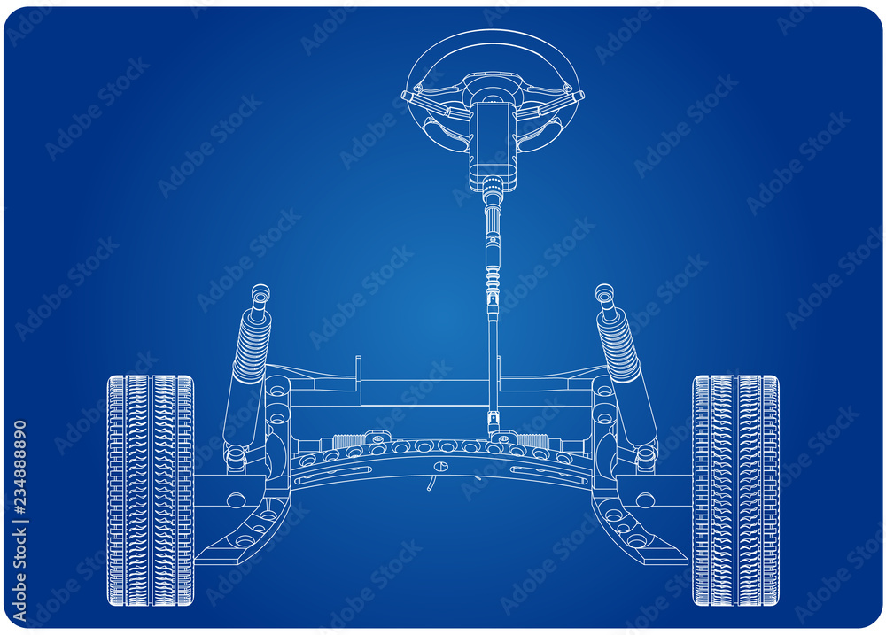 3d model of steering column and car suspension on blue