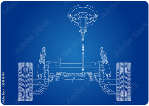 3d model of steering column and car suspension on blue