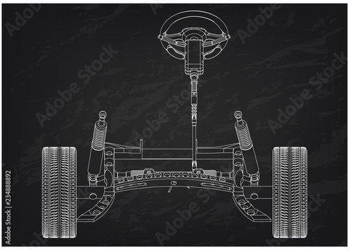 3d model of steering column and car suspension on black