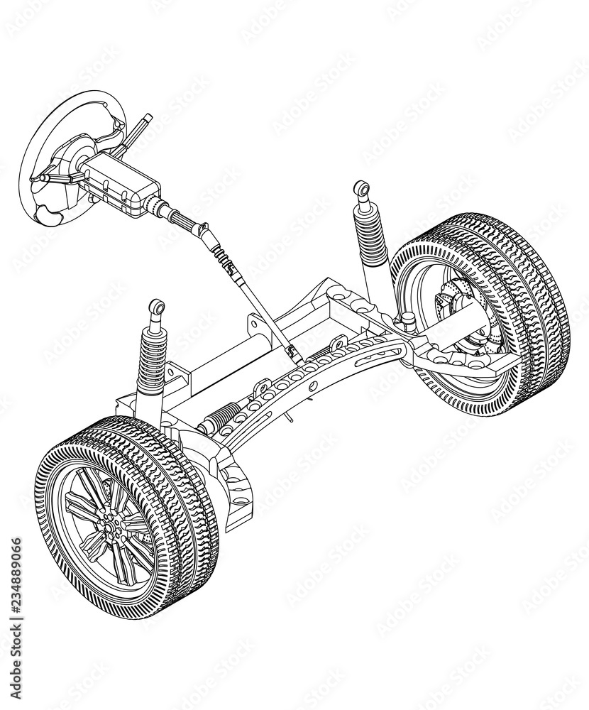 3d model of steering column and car suspension on white