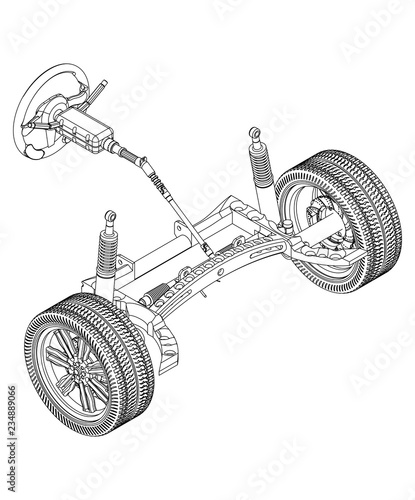 3d model of steering column and car suspension on white