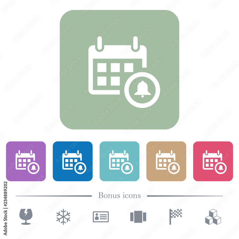 Calendar alarm flat icons on color rounded square backgrounds Calendar alarm flat icons on color rounded square backgrounds