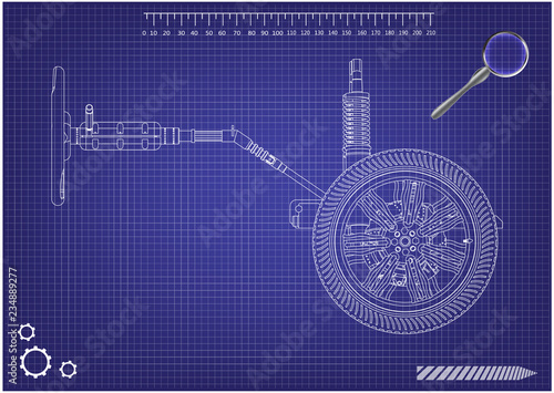 3d model of steering column and car suspension on blue