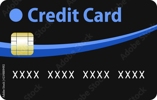 Simplified black credit card with blue and sky blue curves. Fake number