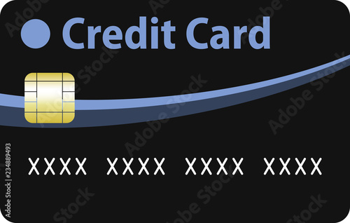 Simplified black credit card with blue and sky blue curves. Fake number