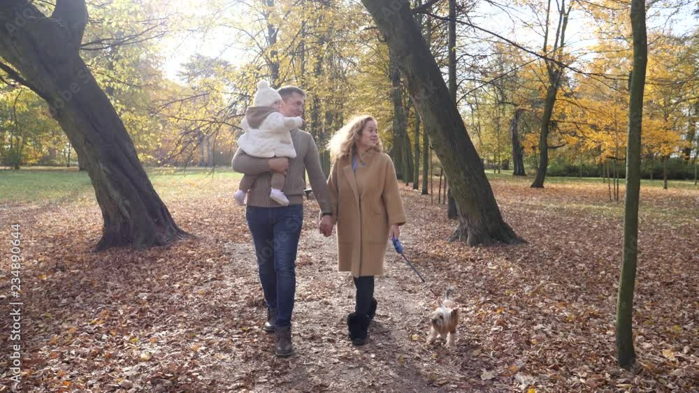 Adult parents walking holding hands in an autumn park with toddler baby and pet dog Adult parents walking holding hands in an autumn park with toddler baby and pet dog