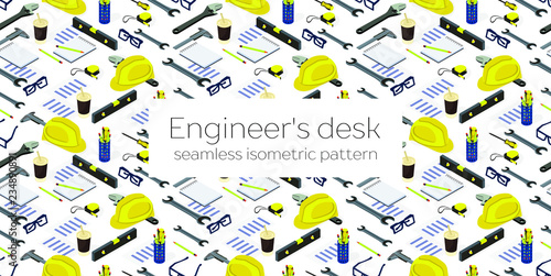 Engineering and building. Flat isometric illustration. Mechanical engineering. Coffee, helmet and tools .Engineering workplace.Industrial architecture. Seamless pattern on a white background