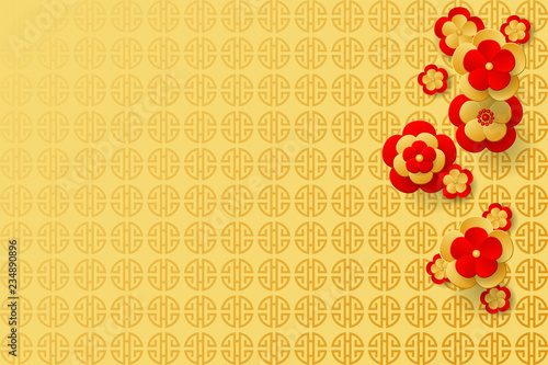 Red and Gold Flowers on the golden background and place for text. Design for Chinese New Year