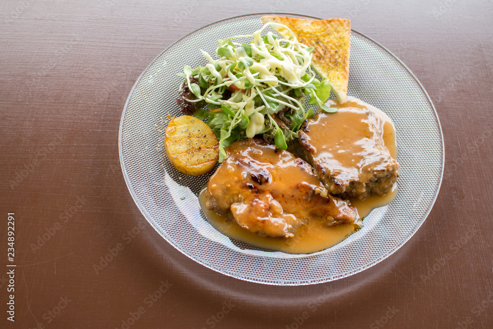 Grilled steak beef, pork and vegetable with swet sauce Grilled steak beef, pork and vegetable with swet sauce