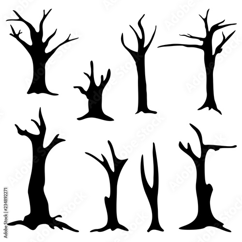 Dead trees isolated on white background. Silhouette dead tree without leaves.