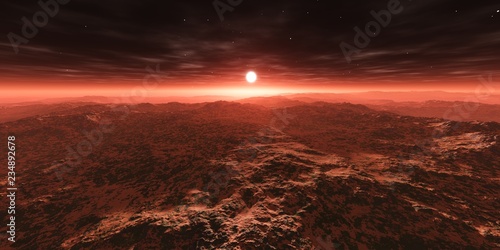 Mars at sunset, the surface of the planet under the star, 3d rendering 