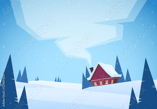Cartoon Winter christmas snowy landscape with red house and smoke from chimney.