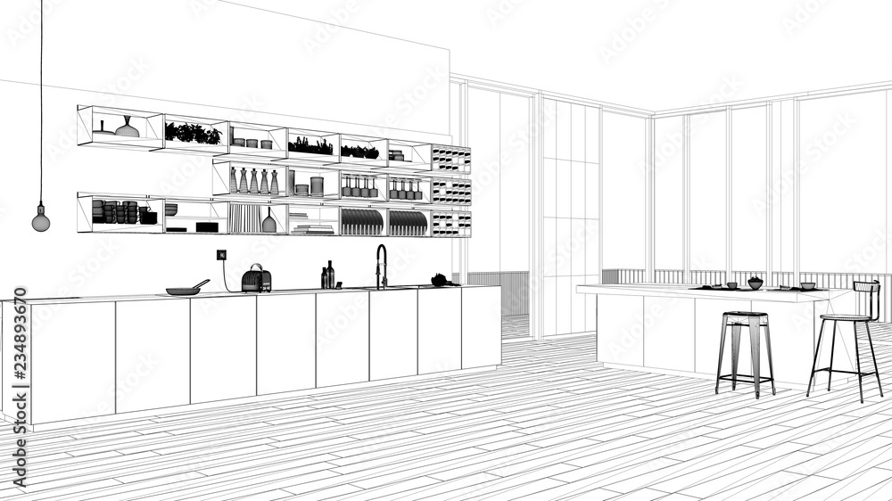 Interior design project, black and white ink sketch, architecture