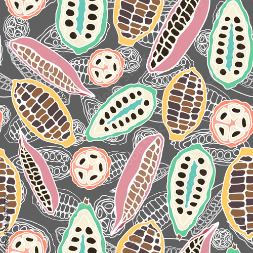 Colorful stylized cacao pods seamless vector pattern background.