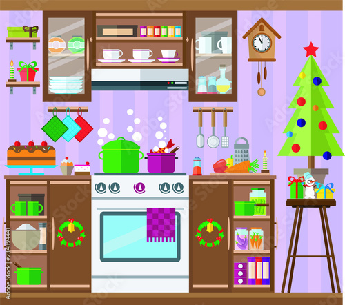 Christmas kitchen interior, cooking delicious food to celebrate Christmas and new year. Winter holidays, vector illustration.