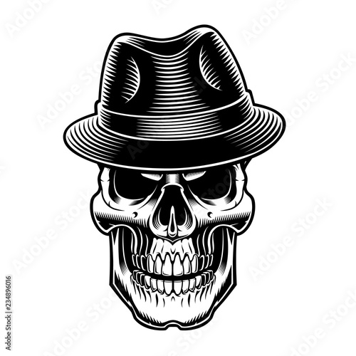 black and white illustration of vintage sull in hat.