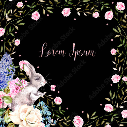 Beautiful watercolor greeting card with Easter bunnies. With flowers of roses...