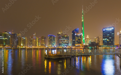 DUBAI  UAE - MARCH 23  2017  The evening skyline over the Canal and Downtown.