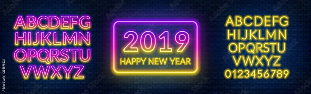 Neon sign happy new year on a dark background with bright alphabets.