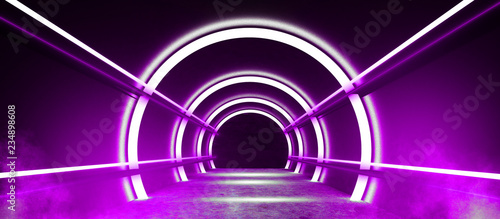 Abstract arch in a dark empty room, neon light. Night view. 3D Rendering.