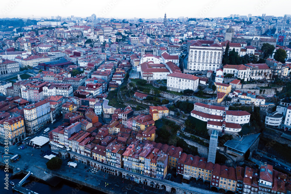 Aerial view of houses old city Porto center, Portugal.