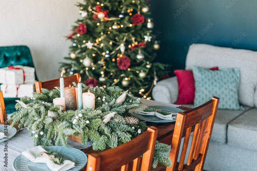 festive decorations inside room Christmas tree garland