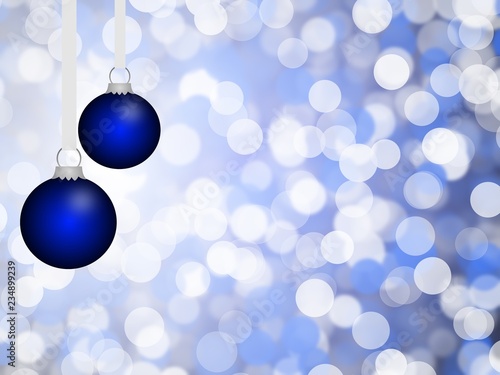 Christmas theme with blue ornaments and bokeh