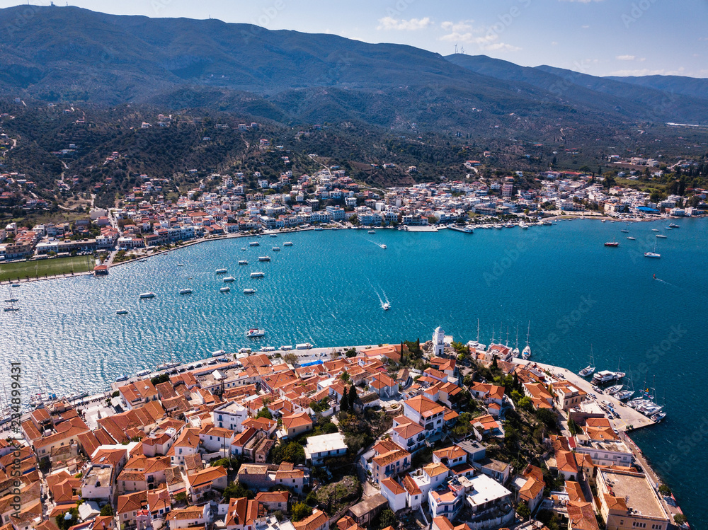 Aerial view of the sea Marina in Poros island, Aegean, Greece.