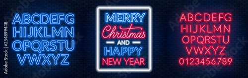 Merry Christmas and happy new year. Neon lettering with fonts.