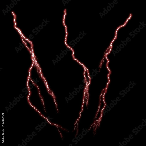 Isolated realistic electrical lightning strike visual effect on black night background. Energy change. 