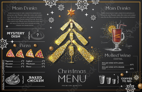 Christmas menu design with golden champagne glasses. Restaurant menu. Pyramid of champagne glasses