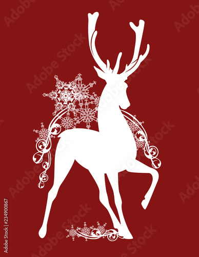 christmas stag deer among snowflakes - xmas time red and white vector silhouette design