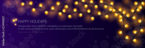 Banner with festive yellow glowing garlands, Happy Holidays, Christmas decorations, Vector Illustration