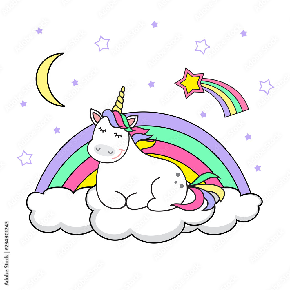 Naklejka premium Magic cute unicorn stars and rainbow. Poster greeting card vector illustration with outline.