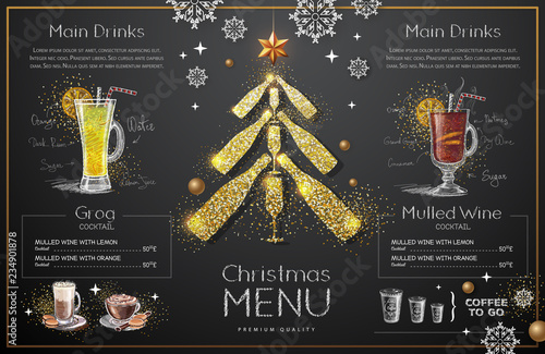 Christmas menu design with golden champagne glasses. Restaurant menu. Pyramid of champagne glasses