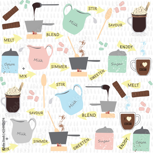 Hot chocolate and hot cocoa ingredients and recipe seamless vector pattern background.