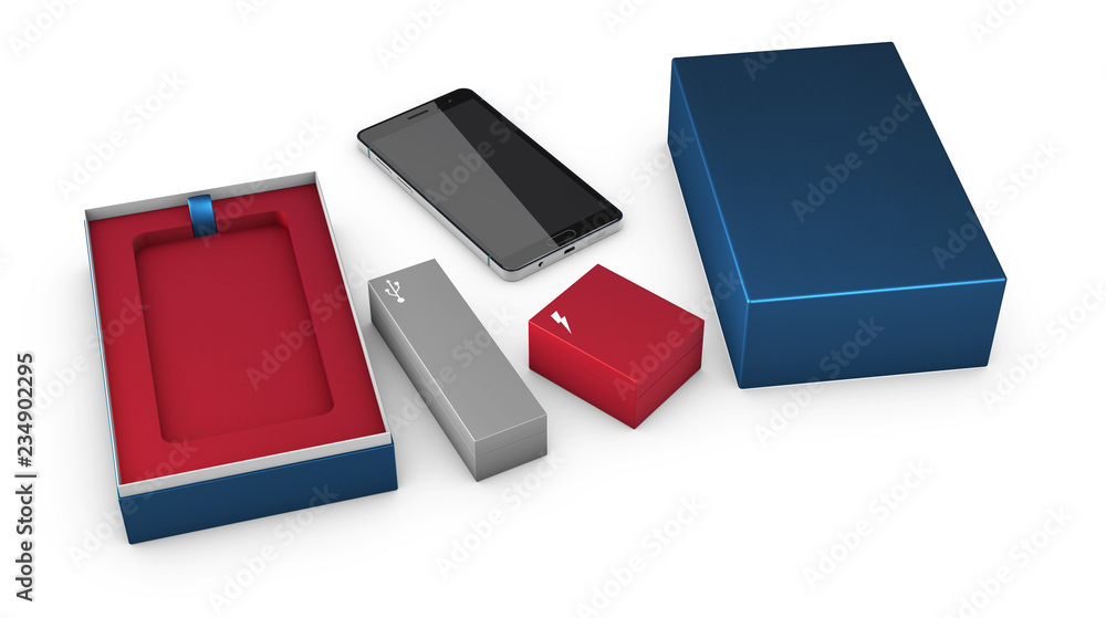 Opened box package with mobile phone isolated on white background, 3d Illustration Opened box package with mobile phone isolated on white background, 3d Illustration