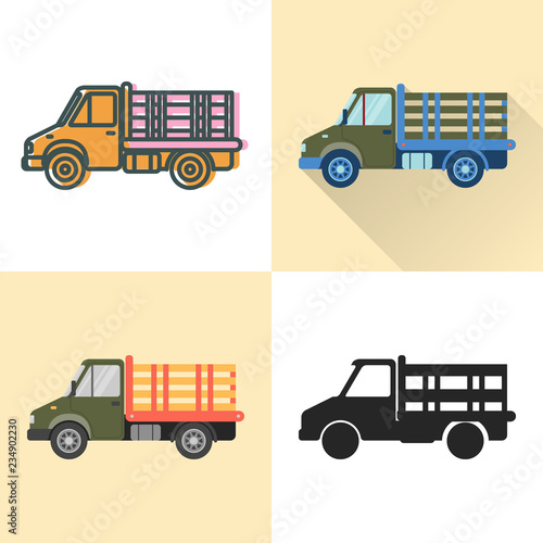 Stake bed truck icon set in flat and line styles