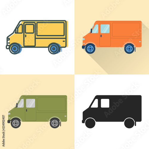 Step van food truck icon set in flat and line styles