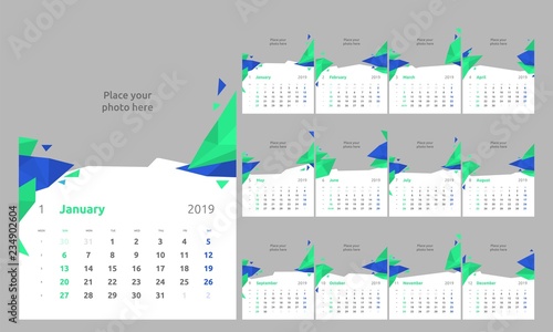 Calendar design for 2019. Week starts on Sunday. Set of 12 calendar pages vector design print template with place for photo.