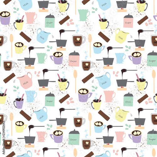 Hot chocolate and hot cocoa ingredients and recipe seamless vector pattern background.