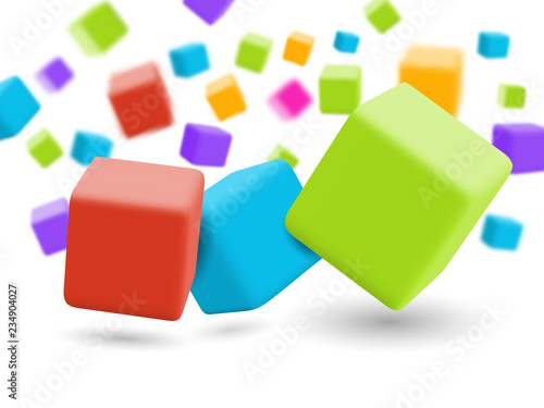 Vector background. Falling smooth cubes with DOF effect.