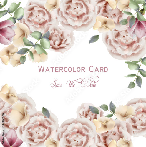 Delicate pink roses Vector watercolor background. Elegance flowers wallpaper....