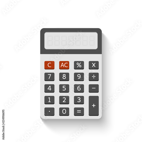 Electronic calculator in flat style with realistic shadow. Digital keypad math isolated device vector illustration.