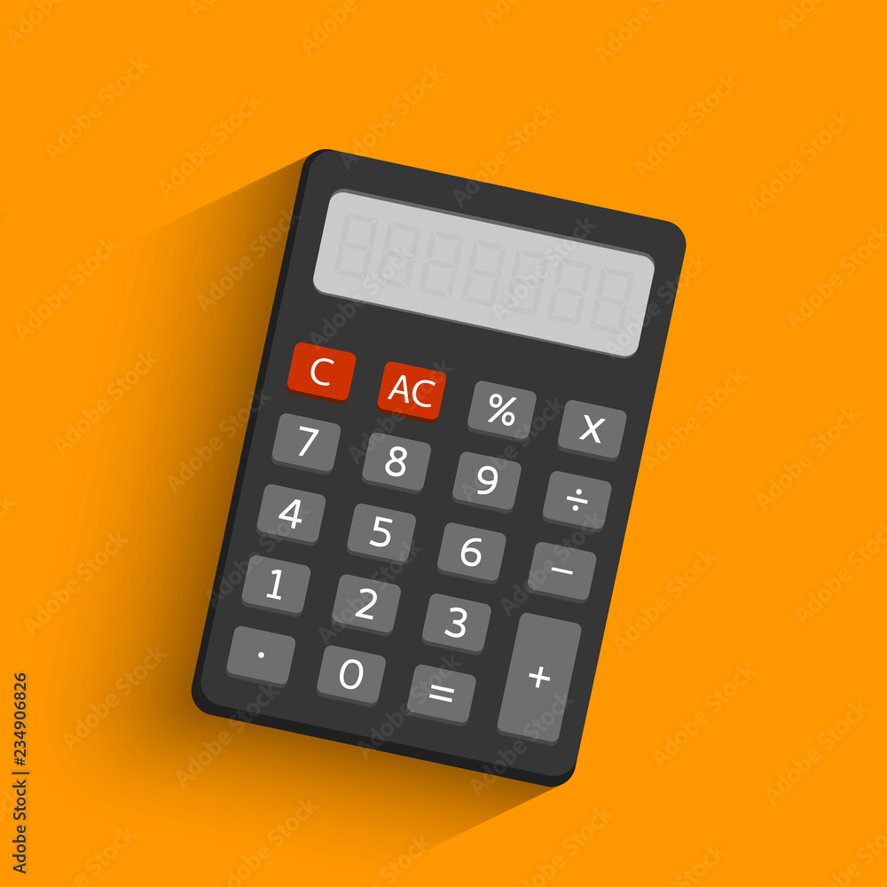 Dark electronic calculator in flat style with shadow. Digital keypad math isolated device vector illustration. Dark electronic calculator in flat style with shadow. Digital keypad math isolated device vector illustration.
