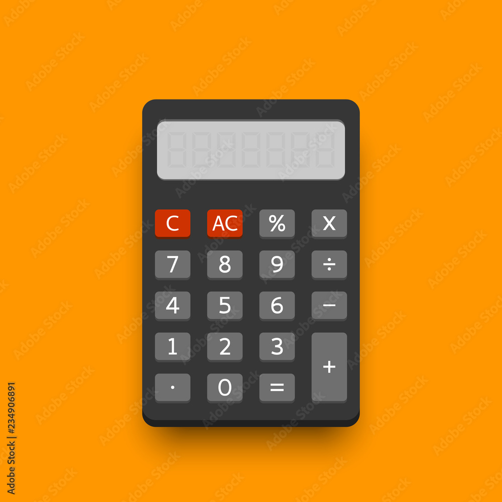 Dark electronic calculator in flat style with shadow. Digital keypad math isolated device vector illustration. - obrazy, fototapety, plakaty 