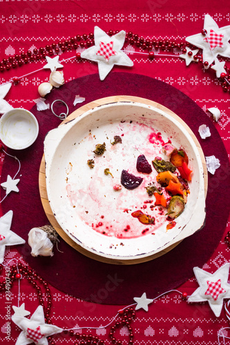 Canvas Print Dirty unclean empty dish (plate, bowl or pan) with pieces and traces of food left on surface