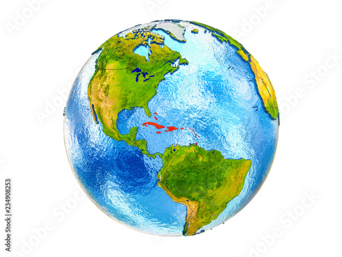 Caribbean on 3D model of Earth with country borders and water in oceans. 3D illustration isolated on white background.